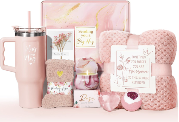 Mother's Day Gifts for Mom - Birthday Gifts for Women Get Well Soon Gifts Self Care Gifts Rose Relaxing Spa Gift Basket Care Package w/ Flannel Blanket 40 OZ Tumbler for Wife Grandma Friend Sister Her